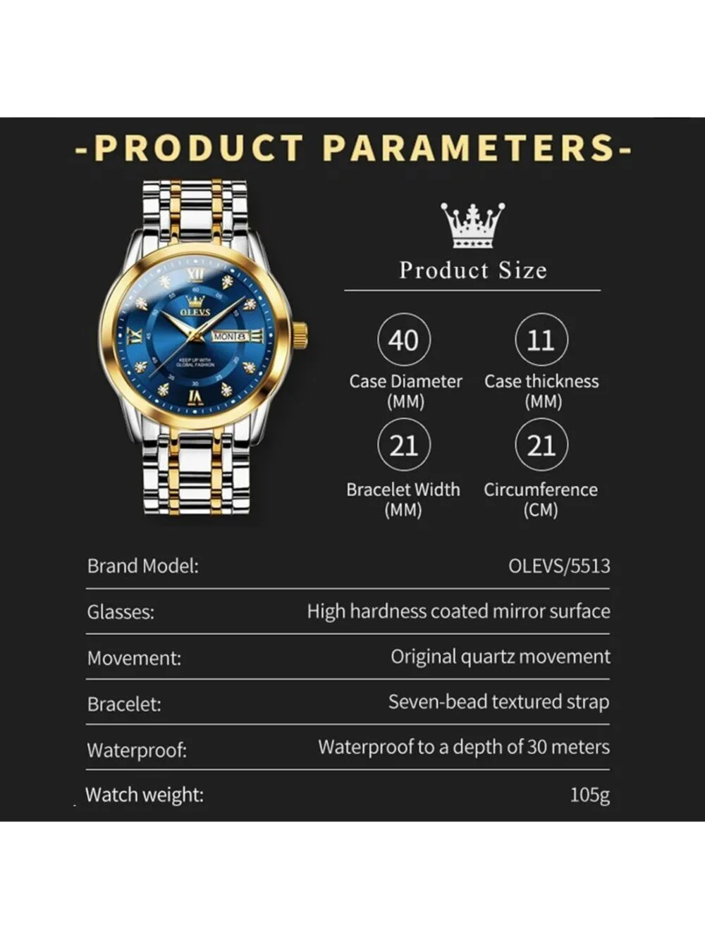 Men's Silver Blue Stainless Steel Luminous Quartz Waterproof Round Classic Watch